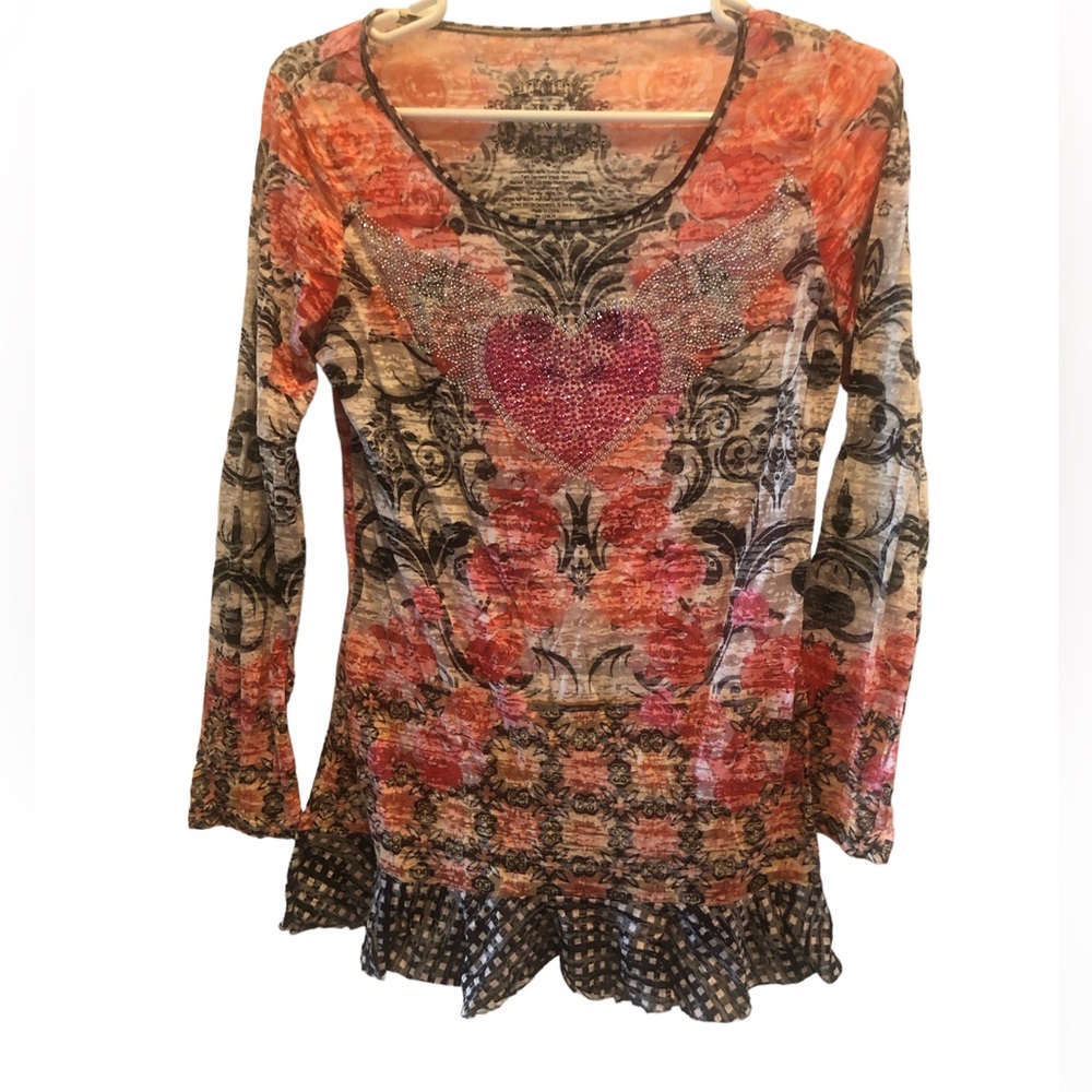 V Cristina Pink Floral Tunic with Blingy Heart & Wings Women's Size S